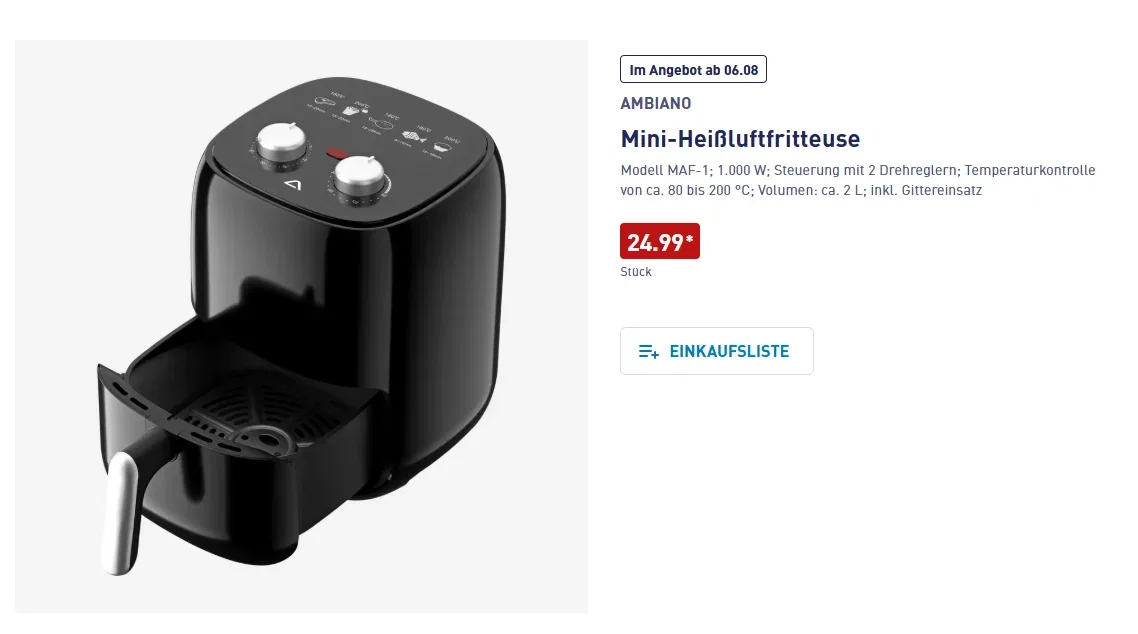 Ambiano Mini-Heißluftfritteuse MAF-1 mit 2 Liter Volumen und zwei Drehreglern bei Aldi