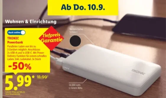 Lidl TRONIC Powerbank mit 10.000 mAh für 5,99 Euro im Prospekt