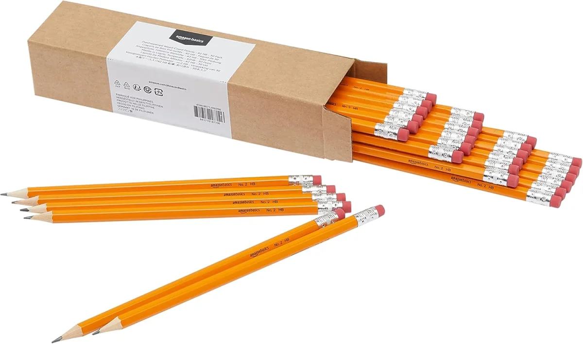 Amazon Basics HB-Bleistifte mit Holzschaft, Graphitmine und Radiergummi im 30er-Pack