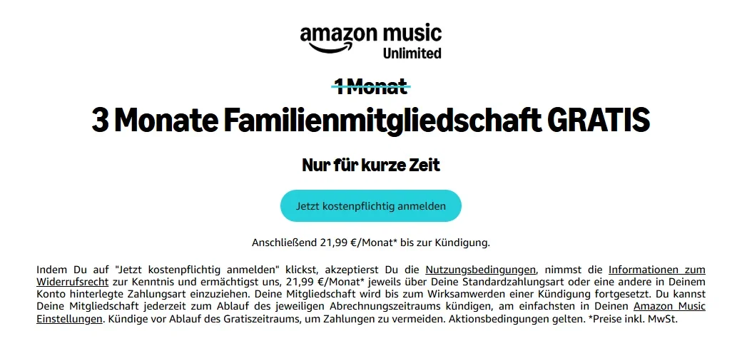 Amazon Music Unlimited Familie für 3 Monate kostenlos – 65,97 Euro sparen