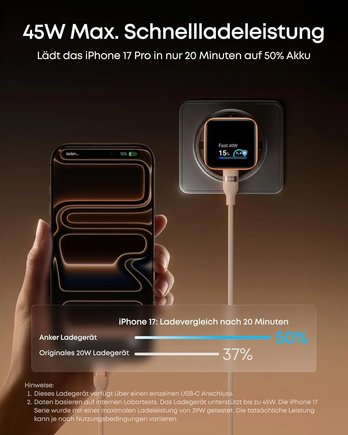 Anker Smart Ladegerät Nano 45W USB C Ladegerät mit Display GaN