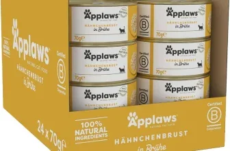 Gelbe Applaws Mehrfachverpackung mit 24 Dosen Hähnchenbrust in Brühe für Katzen