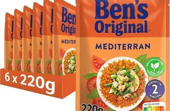Sechs orange Ben's Original Express Reis Beutel im 6er-Pack, mittig ein einzelner Beutel mit Tellerbild.