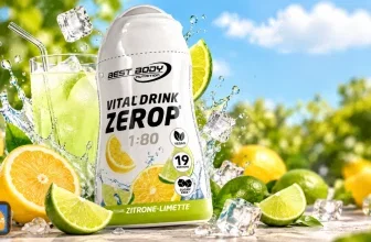 Best Body Nutrition Vital Drink ZEROP 48ml in Zitronen-Limetten-Geschmack neben einem Glas mit Eiswürfeln und frischen Zitrusfrüchten.