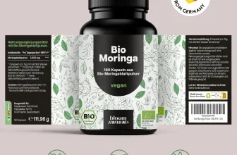 Flasche Bio Moringa Kapseln von Bloom Naturals, 180 Stück, vegan, glutenfrei, ohne Gentechnik, Made in Germany