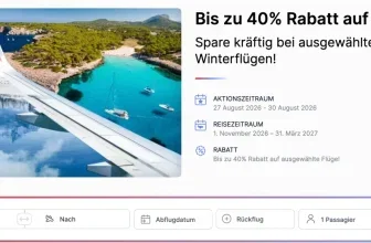Corendon Airlines Flugzeugflügel über türkisem Meer, Buchungsformular und Rabattinfo bis zu 40% auf Winterflüge