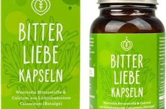 Grüne Verpackung und braune Flasche von BitterLiebe Kapseln mit Rotalge