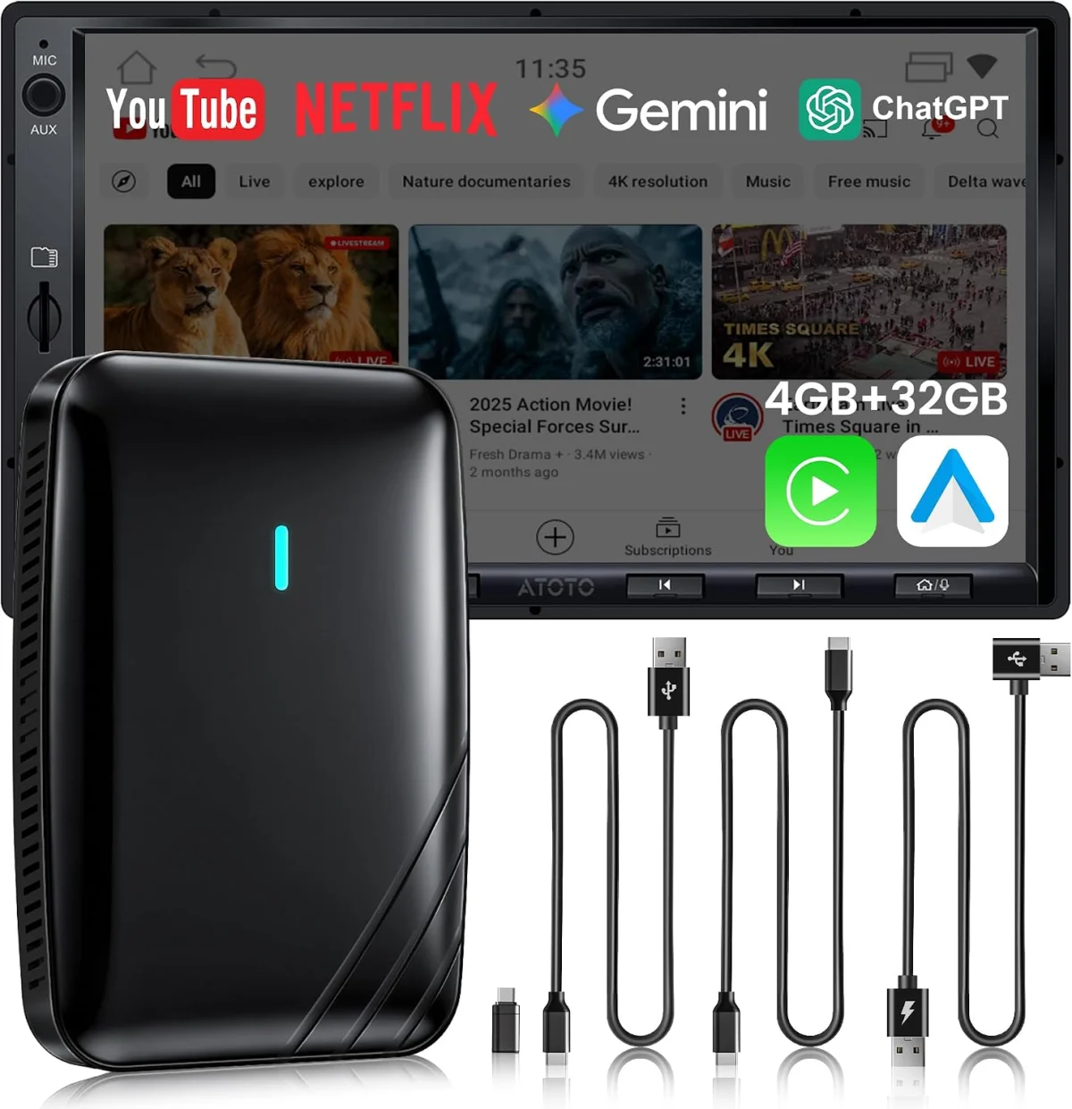 CarPlay AI Box Wireless CarPlay Adapter Netflix/YouTube/TF-Karte 4GB+32GB (4g)
