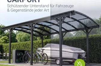 Juskys Carport mit Bogendach, unter dem ein Boot und Fahrräder stehen. Text: Wasserfest & abweisend.