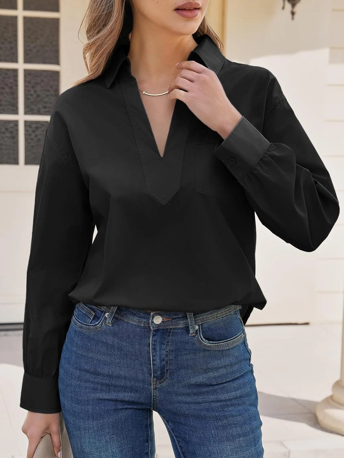 Cicy Bell Langarmshirt Damen V-Ausschnitt Bluse Einfarbig (7 Farben, Gr. S bis XL)