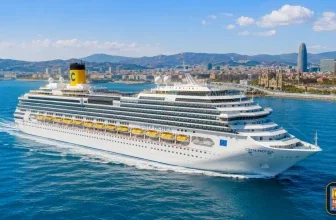 Die weiße Costa Pacifica fährt auf blauem Wasser vor der Skyline von Barcelona mit dem Torre Glòries.