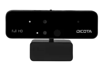 Schwarze Dicota Webcam mit Full HD Beschriftung und Objektiv auf schwarzem Hintergrund