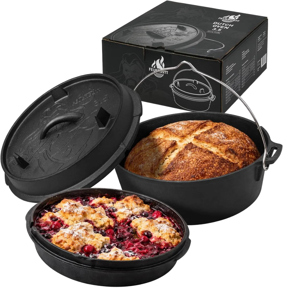 Feuergott Dutch Oven 3,5L (3,5L ohne Füße – Gusseisen Schmortopf)