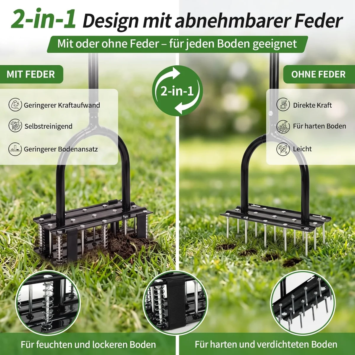 EYMPEU Rasenlüfter mit 15 Stahlspitzen 2-in-1 mit 6 Rückholfedern