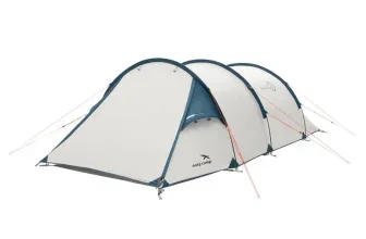 Easy CAMP Tunnelzelt Marbella 300 in Weiß und Blau mit orangefarbenen Abspannseilen