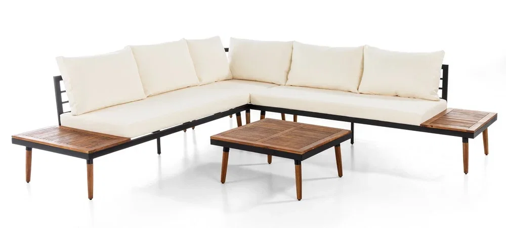 Moderne Gartenlounge aus Akazienholz mit Tisch und flexibler Sitzanordnung