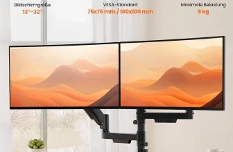 Schwarze Monitorhalterung für zwei Bildschirme am Schreibtisch mit Text zur Kompatibilität und 9 kg Belastung