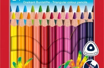 Rote Schachtel mit 24 Faber-Castell Ergonomics Buntstiften und buntem Papagei