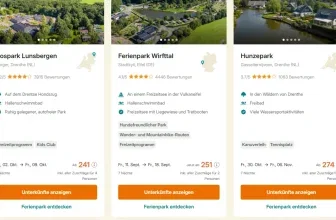 Screenshot mit Ferienpark-Angeboten: Bospark Lunsbergen, Wirfttal und Hunzepark mit Preisen ab 241 €.