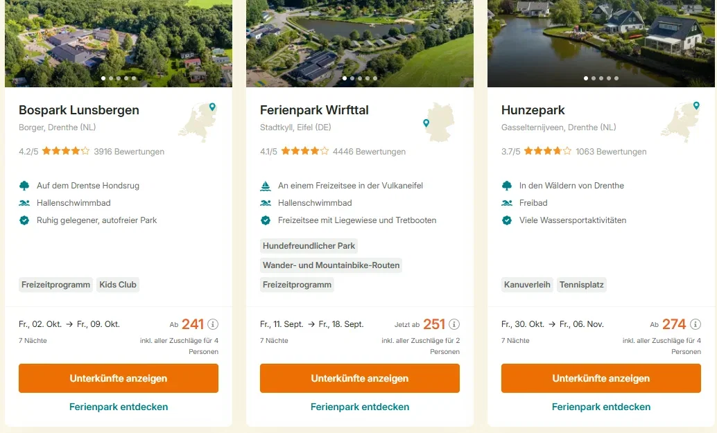 1 Woche Ferienpark Niederlande für 4 Personen ab 241 € (2 Erw. + 2 Kinder Herbstferien)