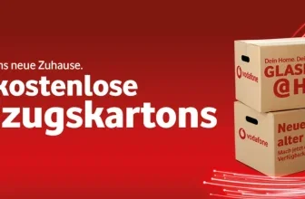 Werbung für kostenlose Vodafone Umzugskartons mit Glasfaser-Logo auf rotem Hintergrund