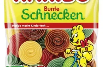 Gelbe Haribo Bunte Schnecken Packung mit Veggie-Logo und Bären-Motiv