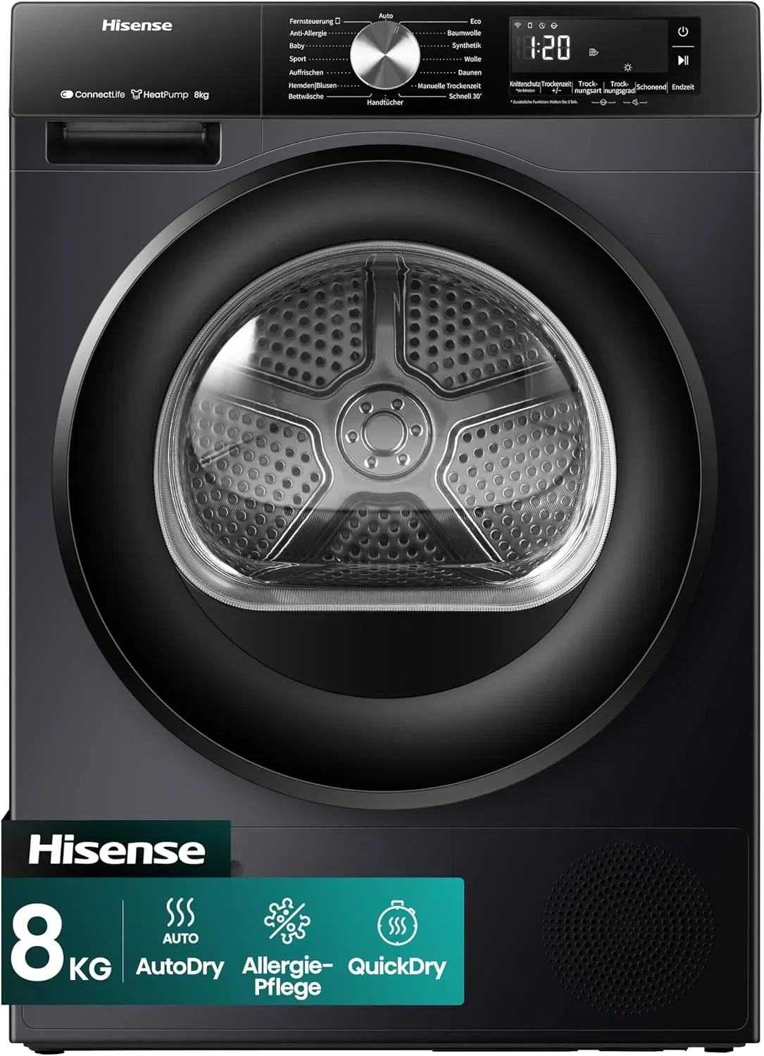 Schwarzer Hisense DH3S802BB3 Wärmepumpentrockner mit 8 kg Fassungsvermögen und Fronttür