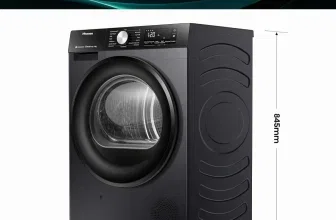 Schwarzer Hisense Kondenstrockner DH3S802BB3 mit Maßangaben für Höhe, Breite und Tiefe