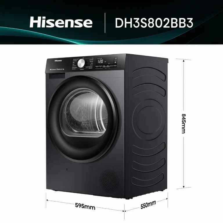 Schwarzer Hisense Kondenstrockner DH3S802BB3 mit Maßangaben für Höhe, Breite und Tiefe