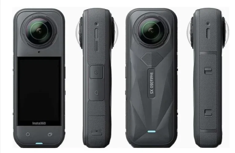 Graue Insta360 X5 Actionkamera in verschiedenen Ansichten mit Objektiv und Display