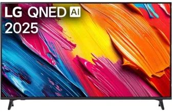 LG QNED AI 2025 TV mit buntem Pinselstrich-Hintergrund auf dem Bildschirm
