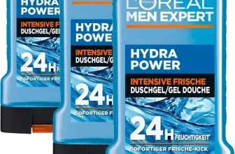 Drei blaue Flaschen L'Oréal Men Expert Hydra Power Duschgel mit 24H Feuchtigkeitsversprechen