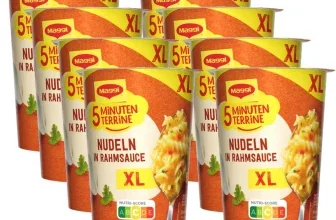 Acht Becher Maggi 5 Minuten Terrine XL Nudeln in Rahmsauce