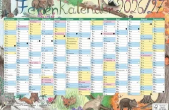 Kostenloser Ferienkalender 2026/27 für Bayern mit Waldtieren und farbig markierten Schulferien.