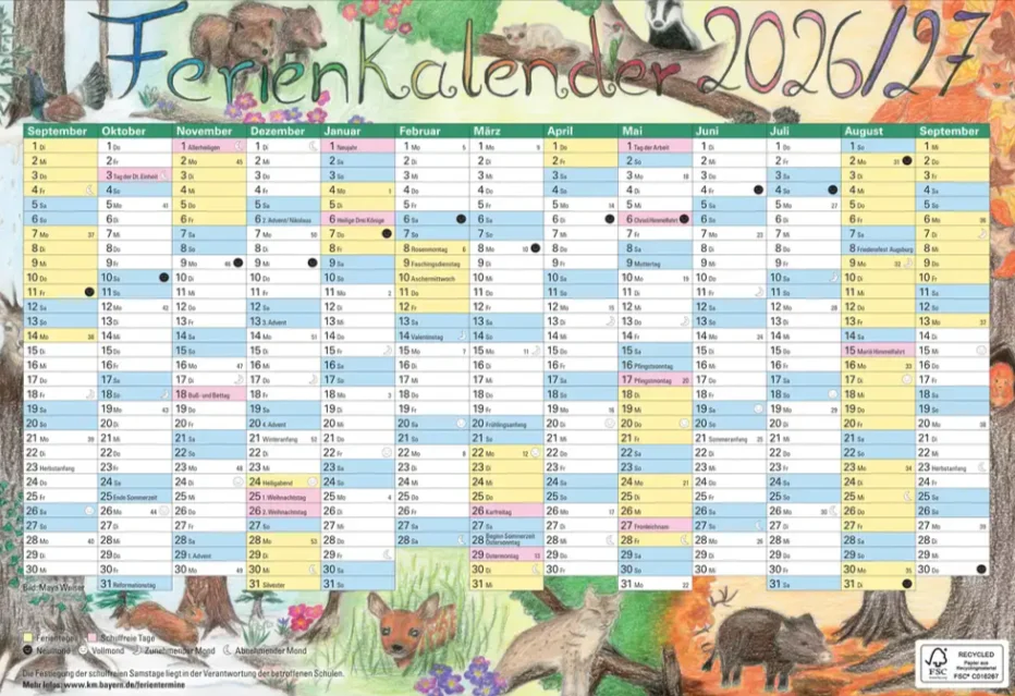 Gratis Ferienkalender 2026/2027 – DIN A1 oder A3 – kostenloses Poster für Bayern