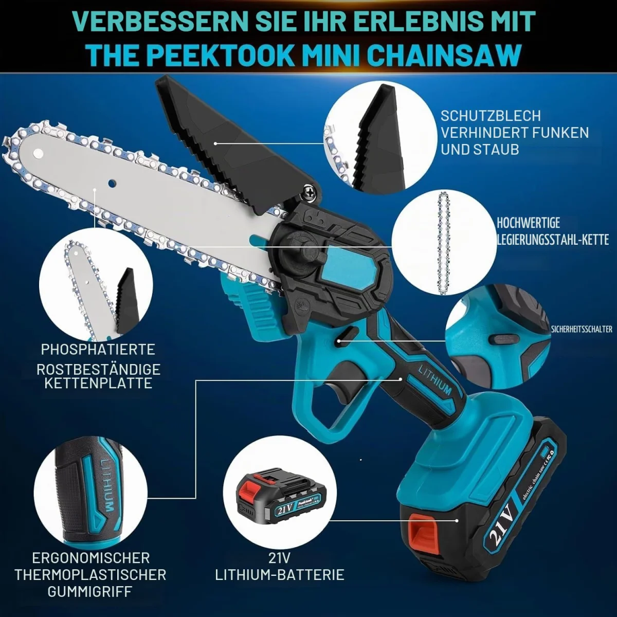 Akku-Handkettensäge mit Ersatzakku, zusätzlicher Kette und Zubehör für kleinere Holzarbeiten