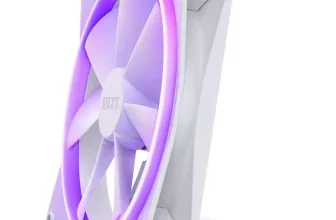 Weißer NZXT PC-Lüfter mit lila RGB-Ringbeleuchtung und Logo auf der Mittelachse
