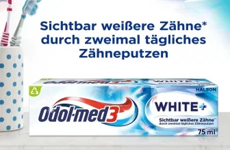 Odol-med3 White+ Zahnpasta Box mit Zahnbürsten und Text zu weißeren Zähnen