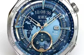 Huawei Watch GT 5 mit blauem Silikonarmband und silbernem Gehäuse, Zifferblatt zeigt Weltkarte
