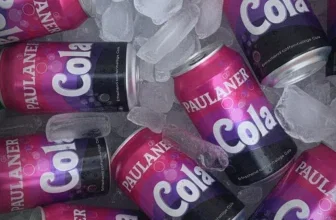 Mehrere Dosen Paulaner Cola liegen auf einem Haufen Eiswürfel.