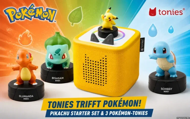 Gelbe Toniebox Pikachu mit Tonies von Glumanda, Bisasam und Schiggy