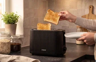 Person nimmt Toast aus schwarzem Princess Toaster auf Küchenarbeitsplatte
