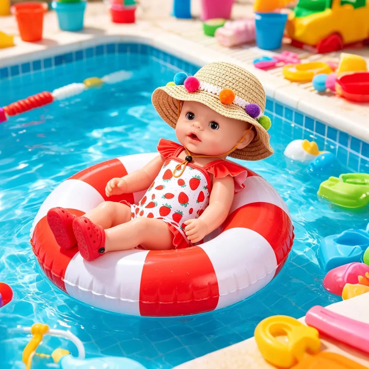 Puppenkleidung Schwimm-Set für 14-18 Zoll Puppen Erdbeere Badeanzug