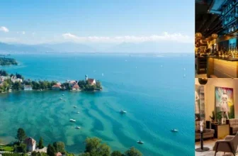 Kollage: Luftbild des Bodensees mit Lindau, Hotelbar, Doppelbett und Loungebereich des Radisson Hotels