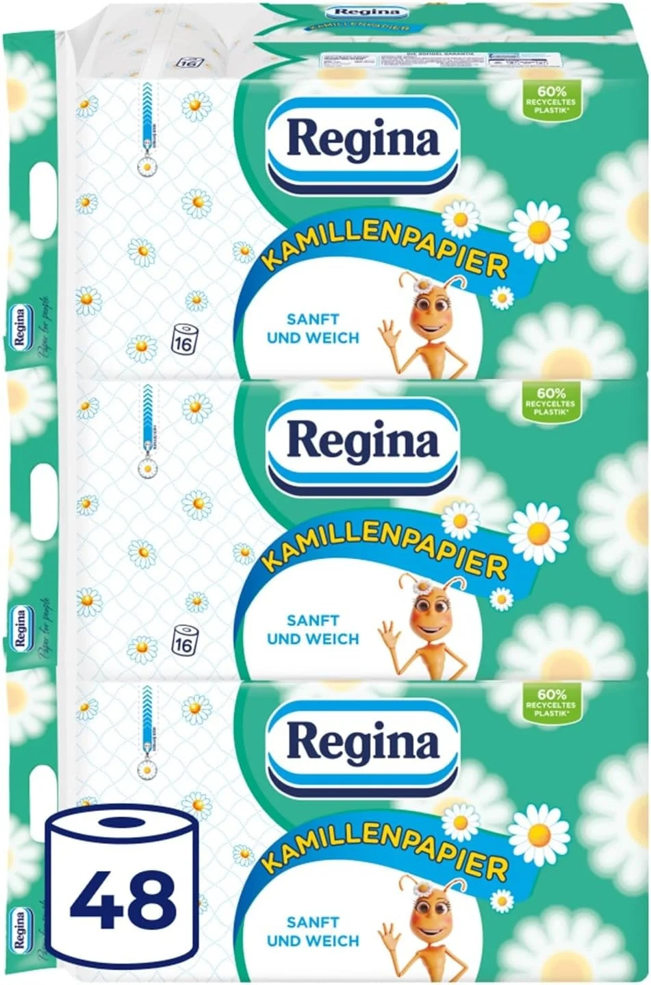 Regina Kamillenpapier 3-lagiges Toilettenpapier 48 Rollen (3×16 Rollen)