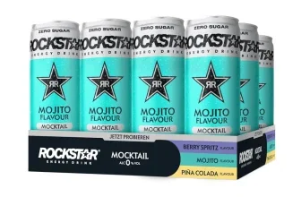 12er Pack Rockstar Energy Drink Mocktail Mojito, türkis-silberne Dosen