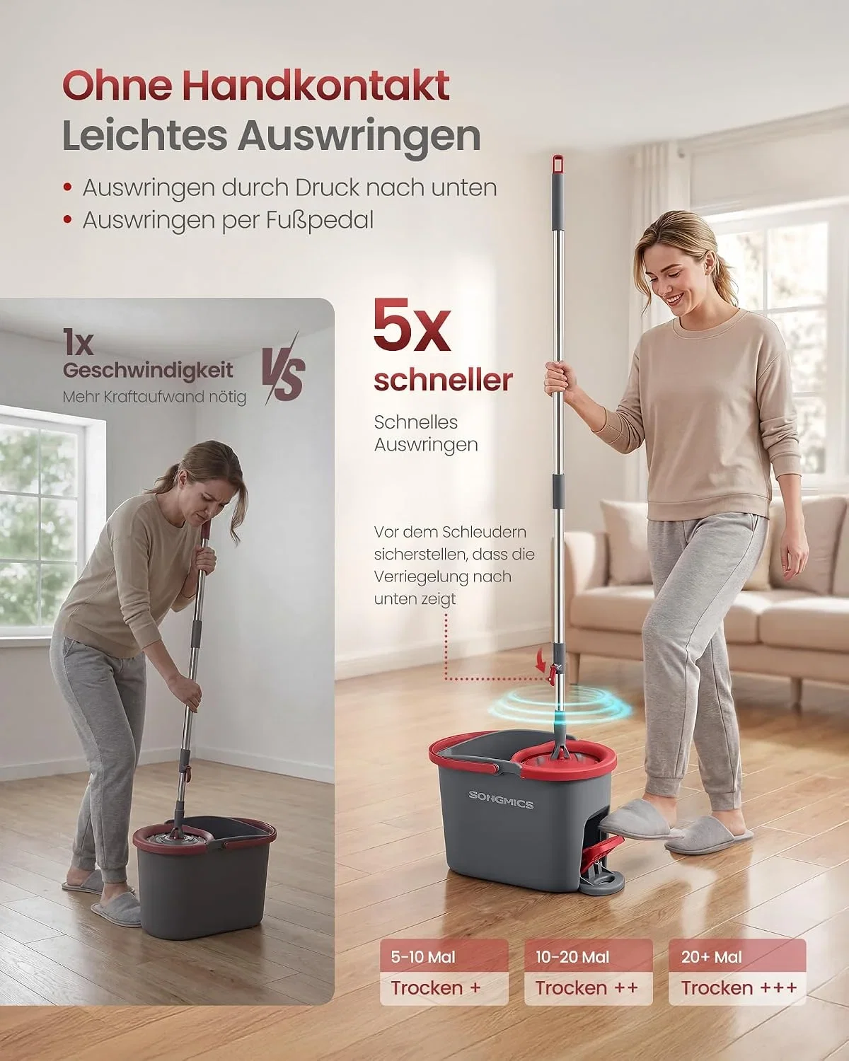 SONGMICS Wischmopp-Set mit Eimer Bodenwischer mit Schleuder