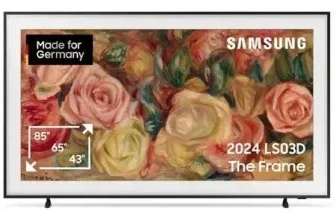 Samsung The Frame 2024 LS03D mit Rosenbild und Made for Germany Aufkleber