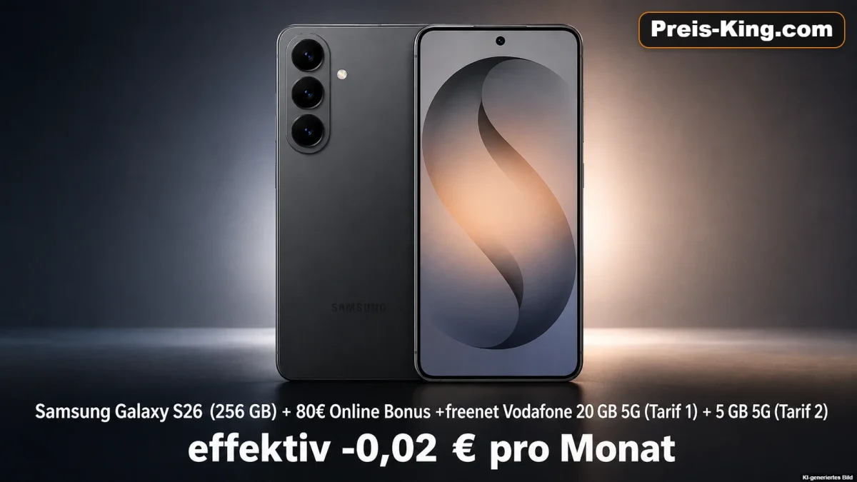 MediaMarkt Tarifwelt: Samsung Galaxy S26 (256 GB) + 80€ Online Bonus + freenet Vodafone 20 GB 5G (Tarif 1) + 5 GB 5G (Tarif 2) für 24,98 € / Monat + 144,94 € einmalig