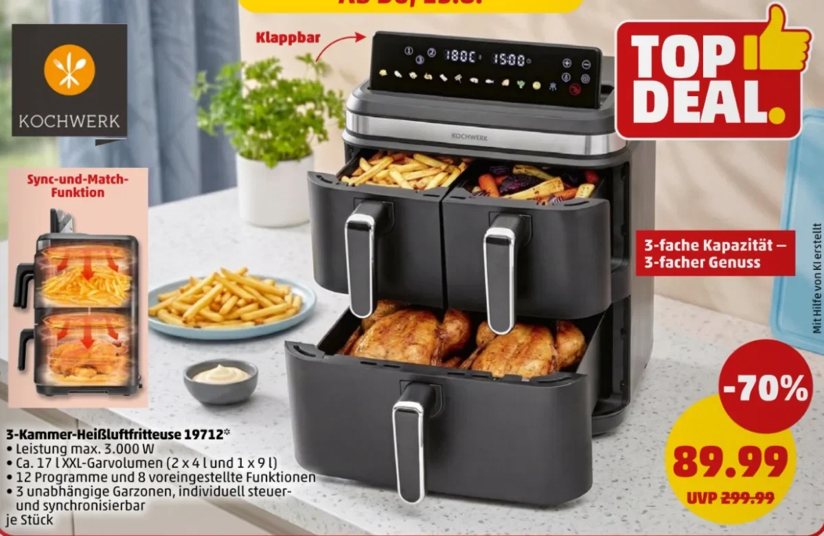 Kochwerk 3-Kammer-Heißluftfritteuse bei Penny für 89,99 Euro